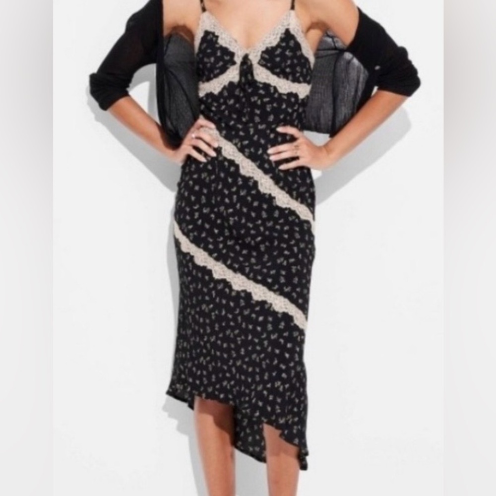 Wild Fable lace trim, midi, slip dress, black and tan, side zip, XS. NWOT.
